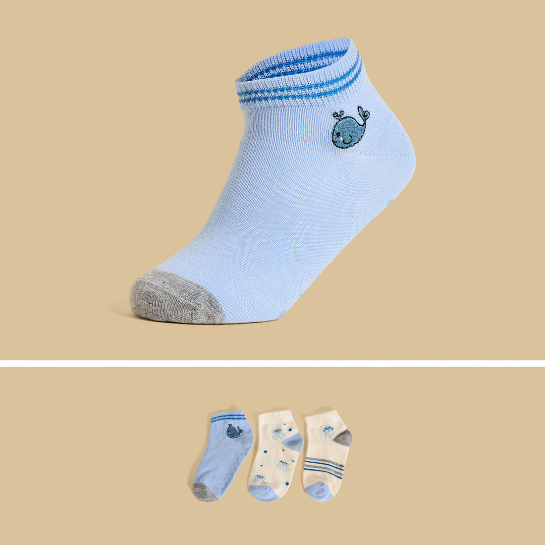 Pack of 3 - Printed Ankle Length Anti-Skid Socks - Multicolour / 15-16