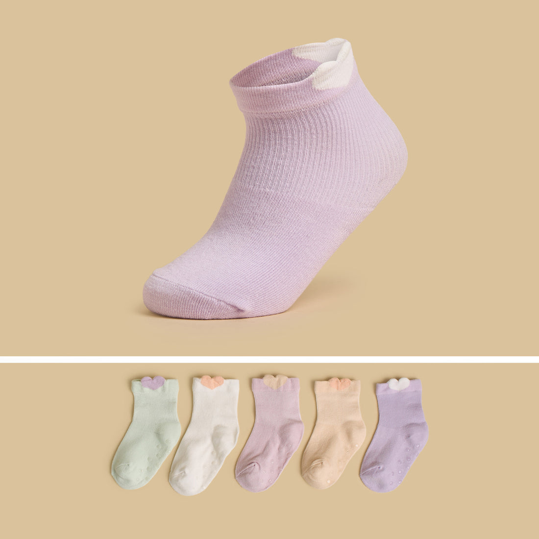 Pack of 5 - Heart Accent Anti-Skid Ankle Length Socks - Multicolour / 15-16