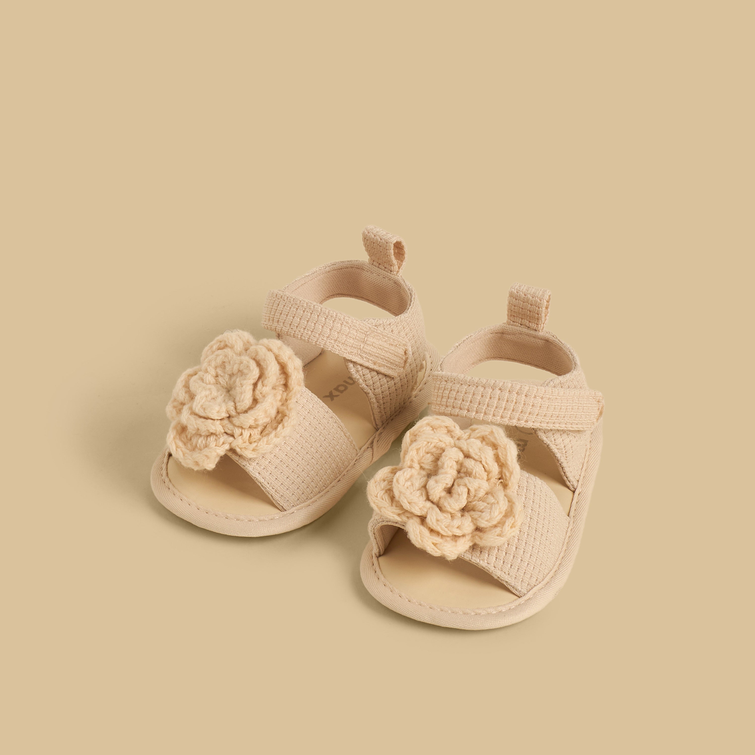 Floral Crochet Booties with Hook and Loop Closure - Beige / 17