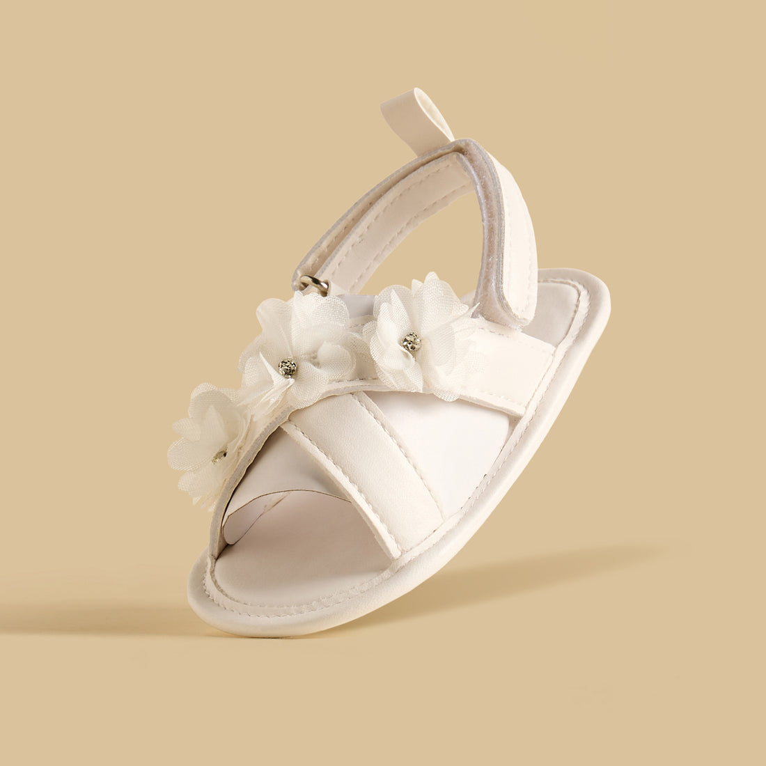 Floral Applique Booties with Hook and Loop Closure - White / 18