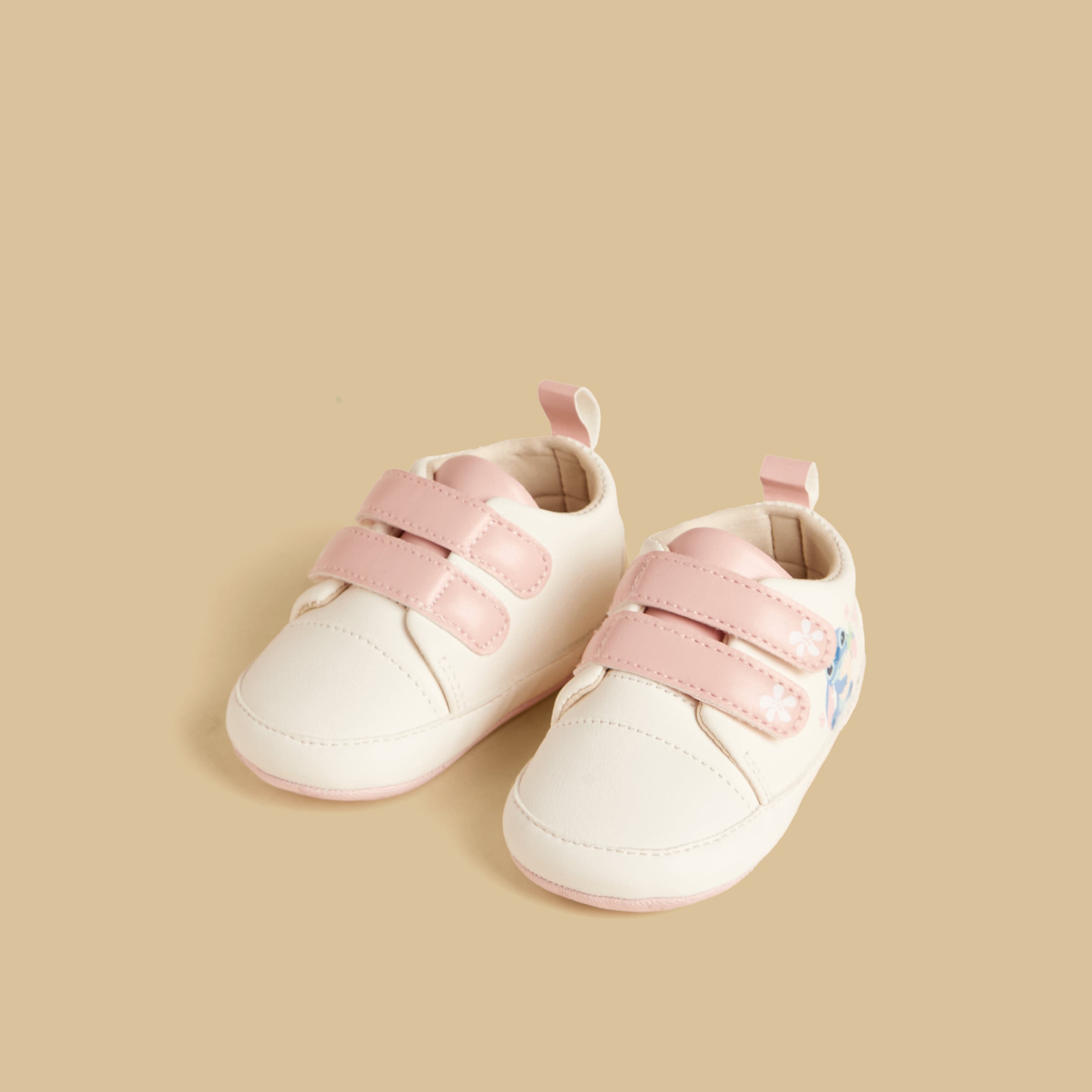 Stitch Print Booties with Hook and Loop Closure - White / 17