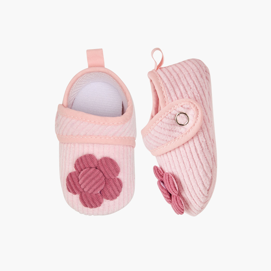 Juniors Ribbed Booties with Floral Accent and Button Closure - Pink / 0-6 mths