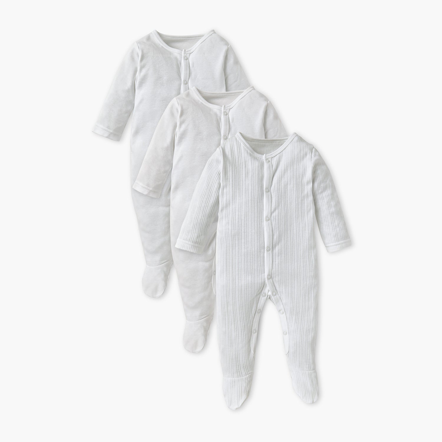 Juniors Closed Feet Solid Sleepsuit with Long Sleeves - Set of 3 - White / 0-3 mths