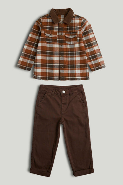 Brown Checked Shirt and Trousers Outfit - Brown / 9-10 Years