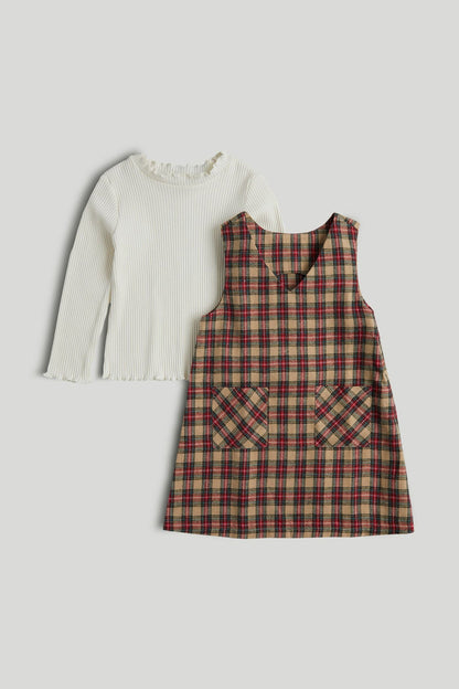 Checked Pinny Dress and T-Shirt Outfit - Dark Red / 9-10 Years