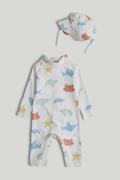 Sunsafe UPF50+ Rash Suit and Keppi Hat - Cream / 12-18 Months