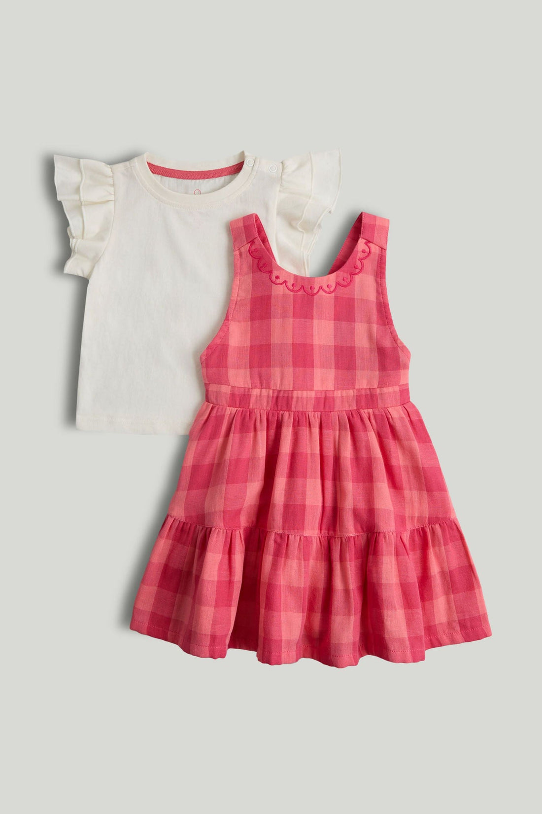 Pink Check Pinny Dress and T-Shirt Outfit - Pink / 12-18 Months