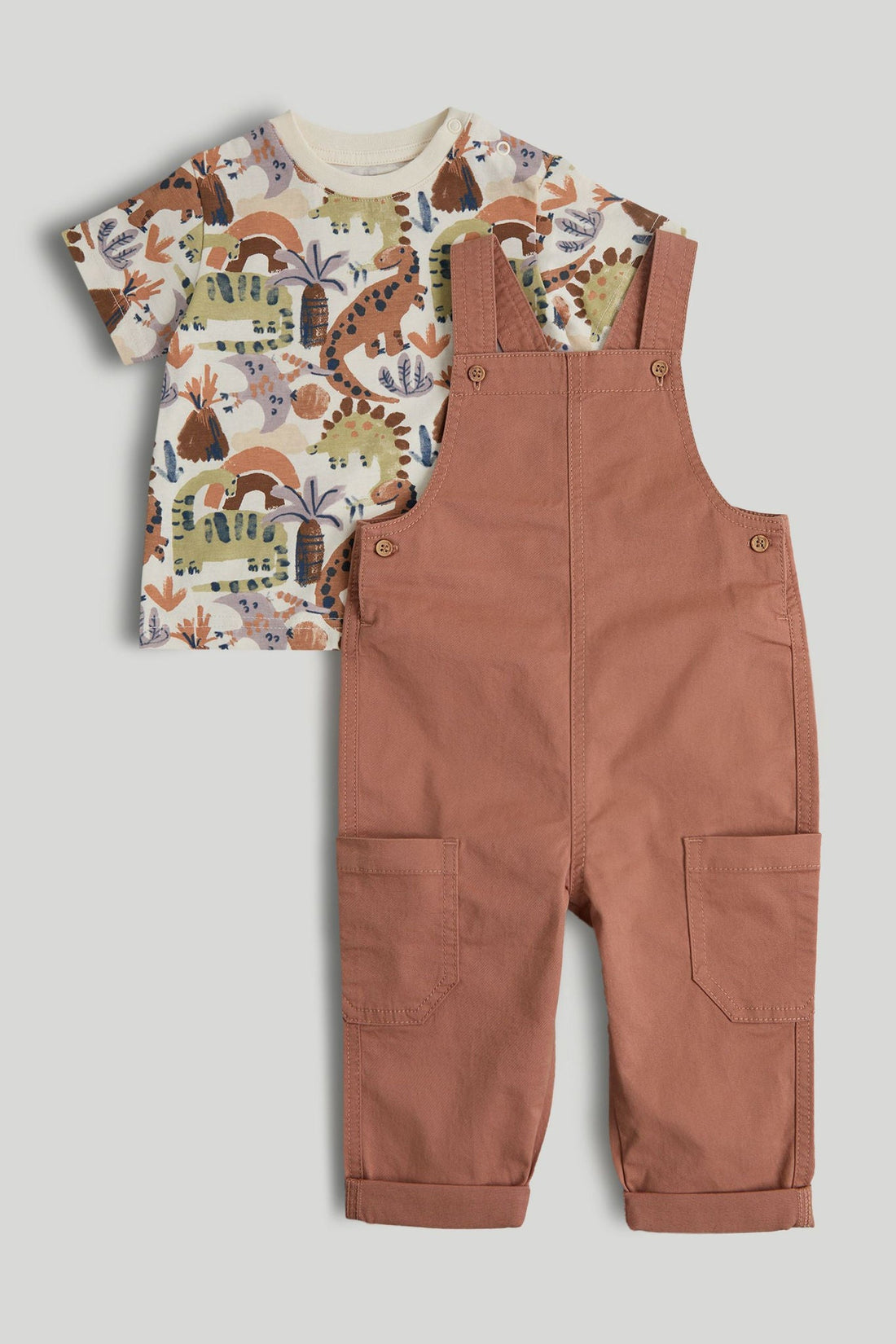 Dinosaur Dungarees and T-Shirt Outfit - Brown / 12-18 Months