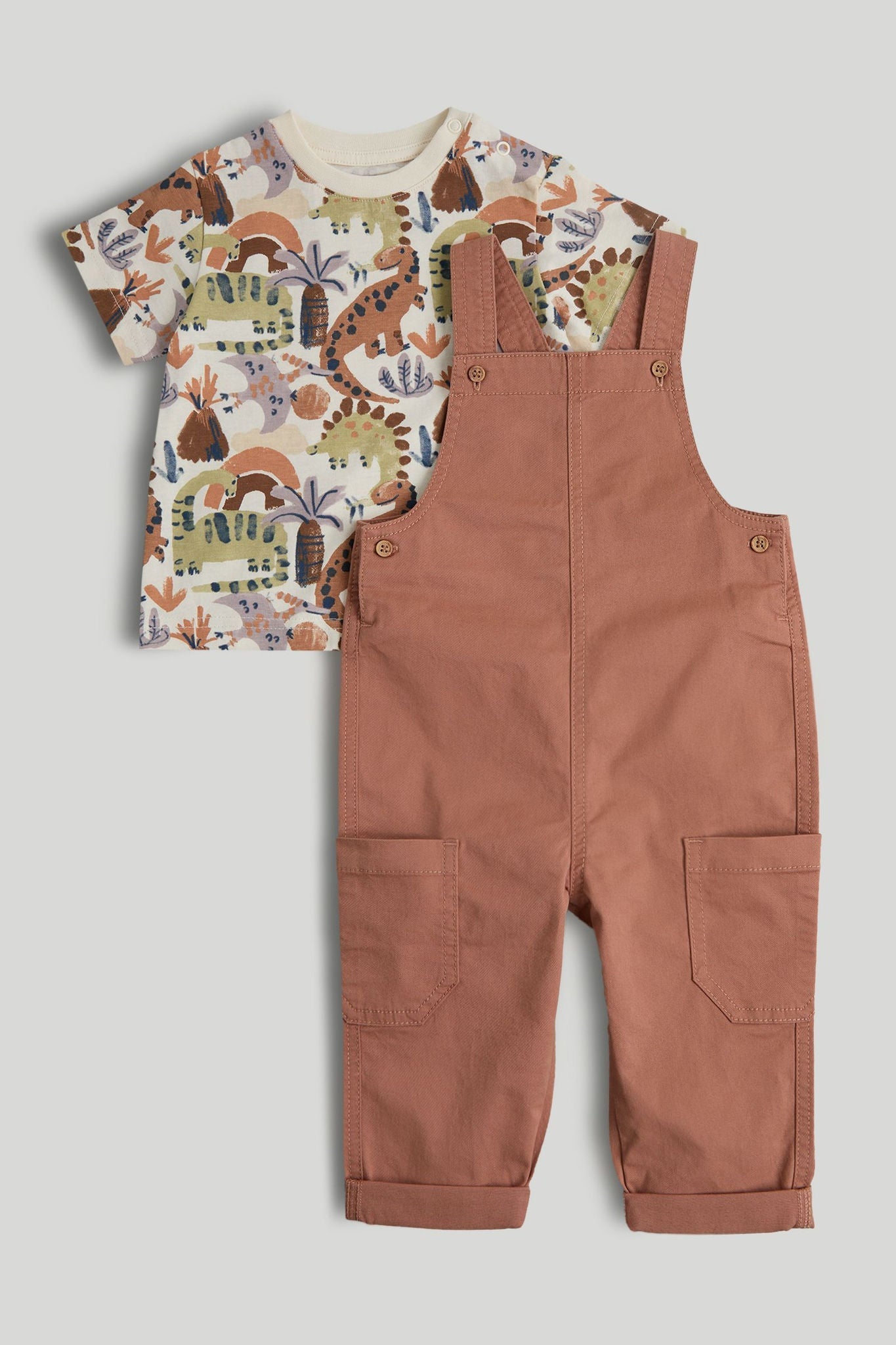Dinosaur Dungarees and T-Shirt Outfit - Brown / 12-18 Months