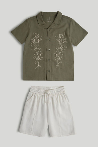 Linen Blend Shirt and Shorts Outfit, 9 months to 5 years - Khaki / 12-18 Months
