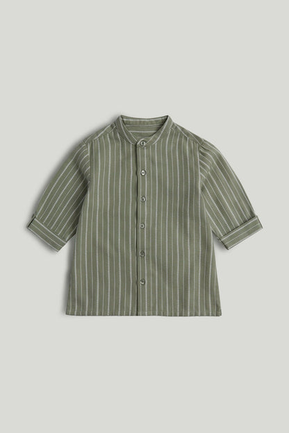 Green Striped Grandad Shirt - Khaki / 18-24 Months