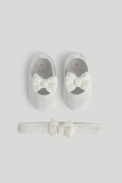 White Broderie Pram Shoes and Headband - White / 9-12 Months