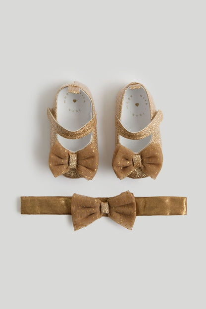 Gold Glitter Pram Shoes and Headband - Yellow / 12-18 Months