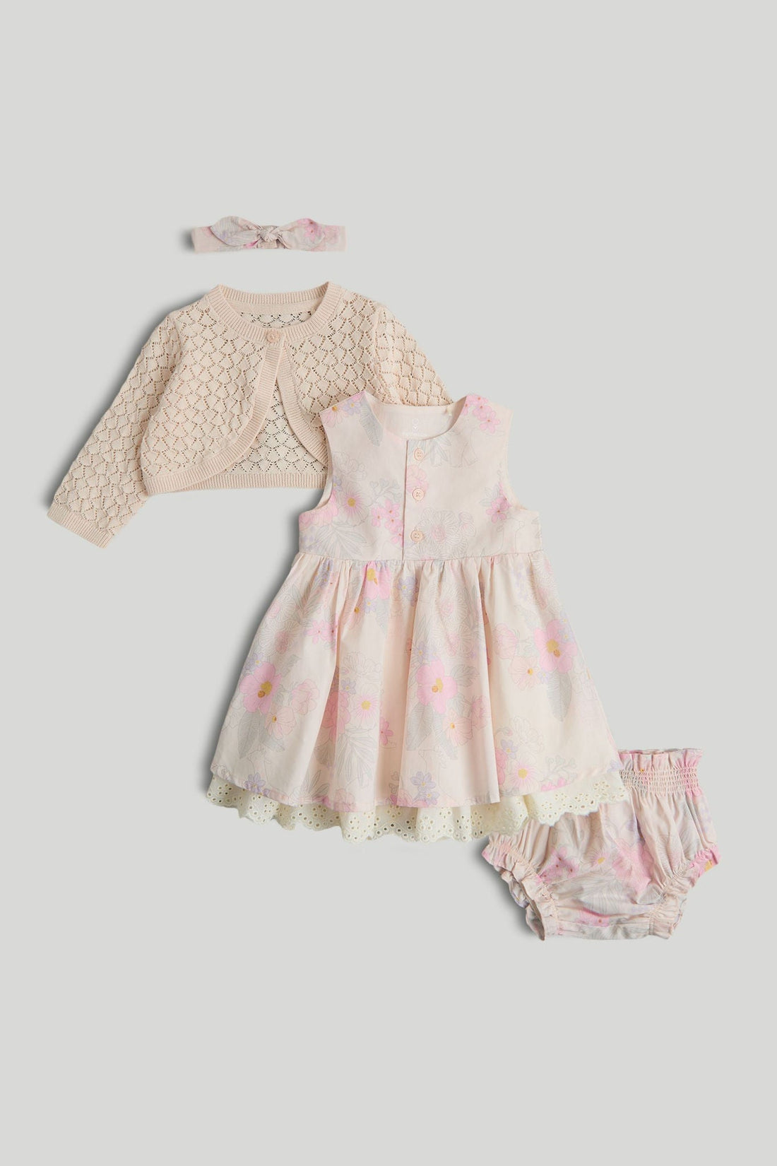 Floral Dress, Cardigan and Headband Outfit - Multi / Up to 1 Month