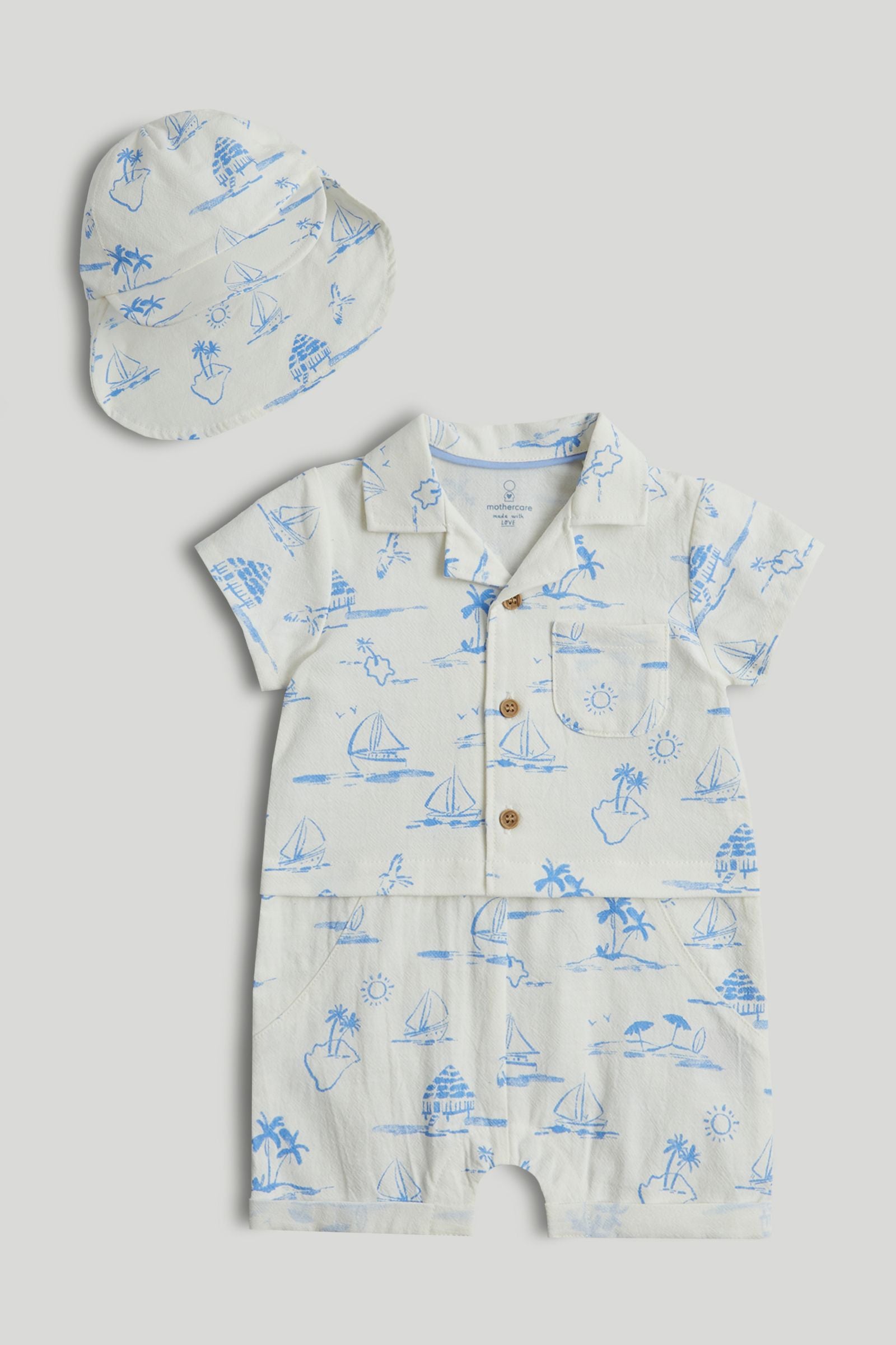 Summer Tides Romper and Hat Outfit - Beige / Up to 1 Month