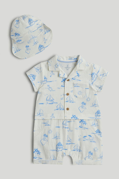 Summer Tides Romper and Hat Outfit - Beige / Up to 1 Month