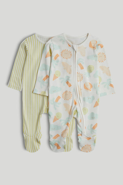 2 Pack Beach Zip-Up Sleepsuits - Cream / 12-18 Months