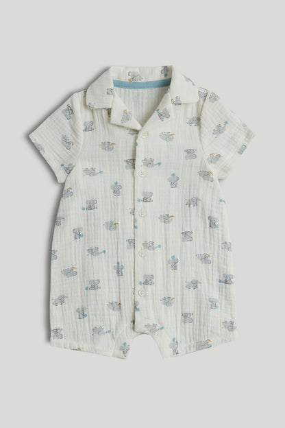 Elephant Cotton Romper - Beige / 12-18 Months