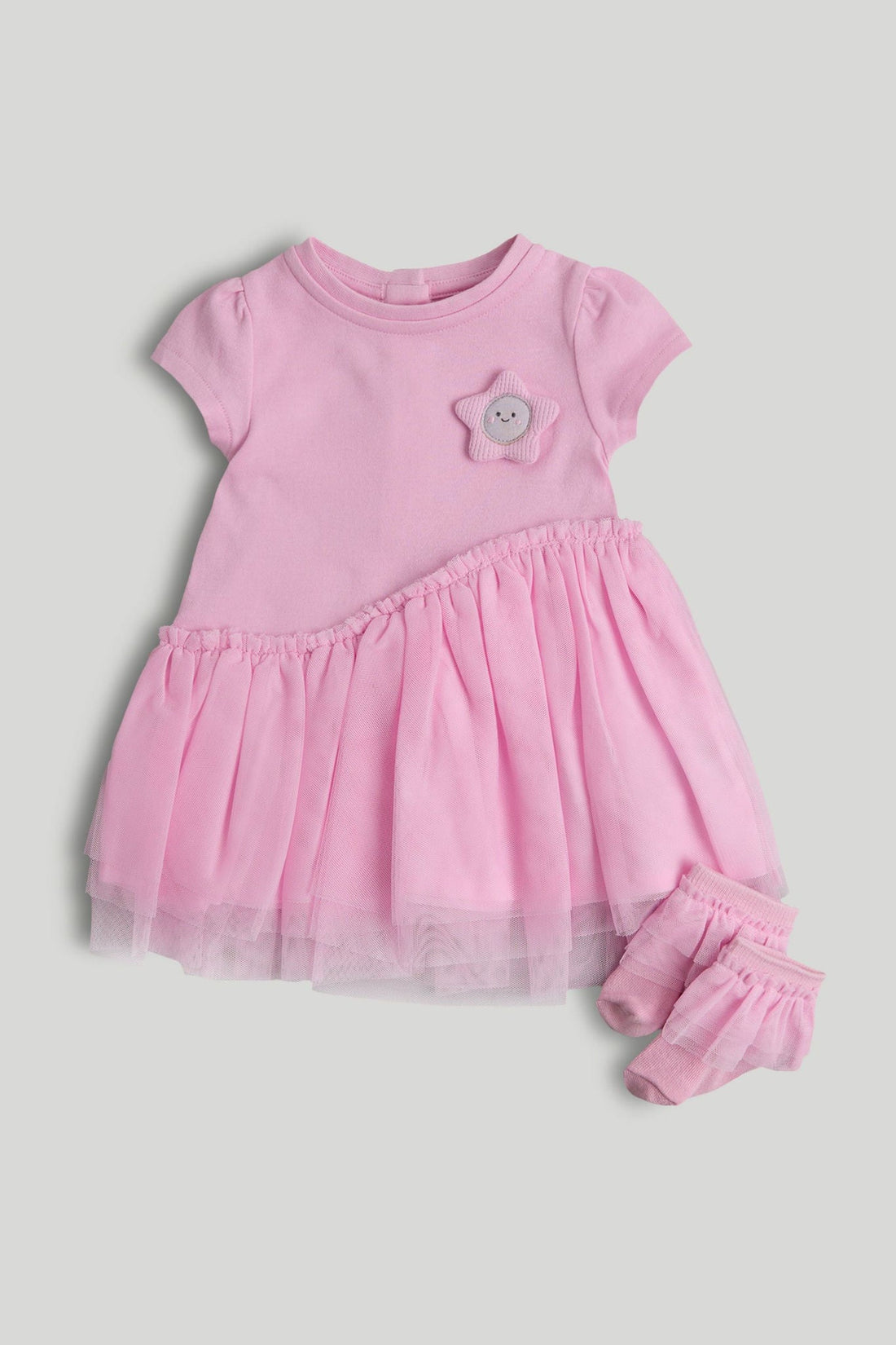 Jersey and Tulle Dress and Socks Outfit - Pink / Up to 1 Month