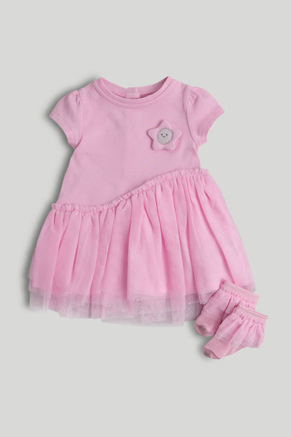 Jersey and Tulle Dress and Socks Outfit - Pink / Up to 1 Month