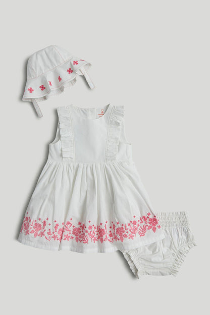 White Dress, Knickers and Hat Outfit - White / 12-18 Months