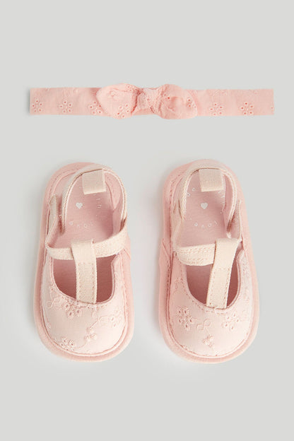 Apricot Pram Shoes and Headband Set - Pink / 12-18 Months