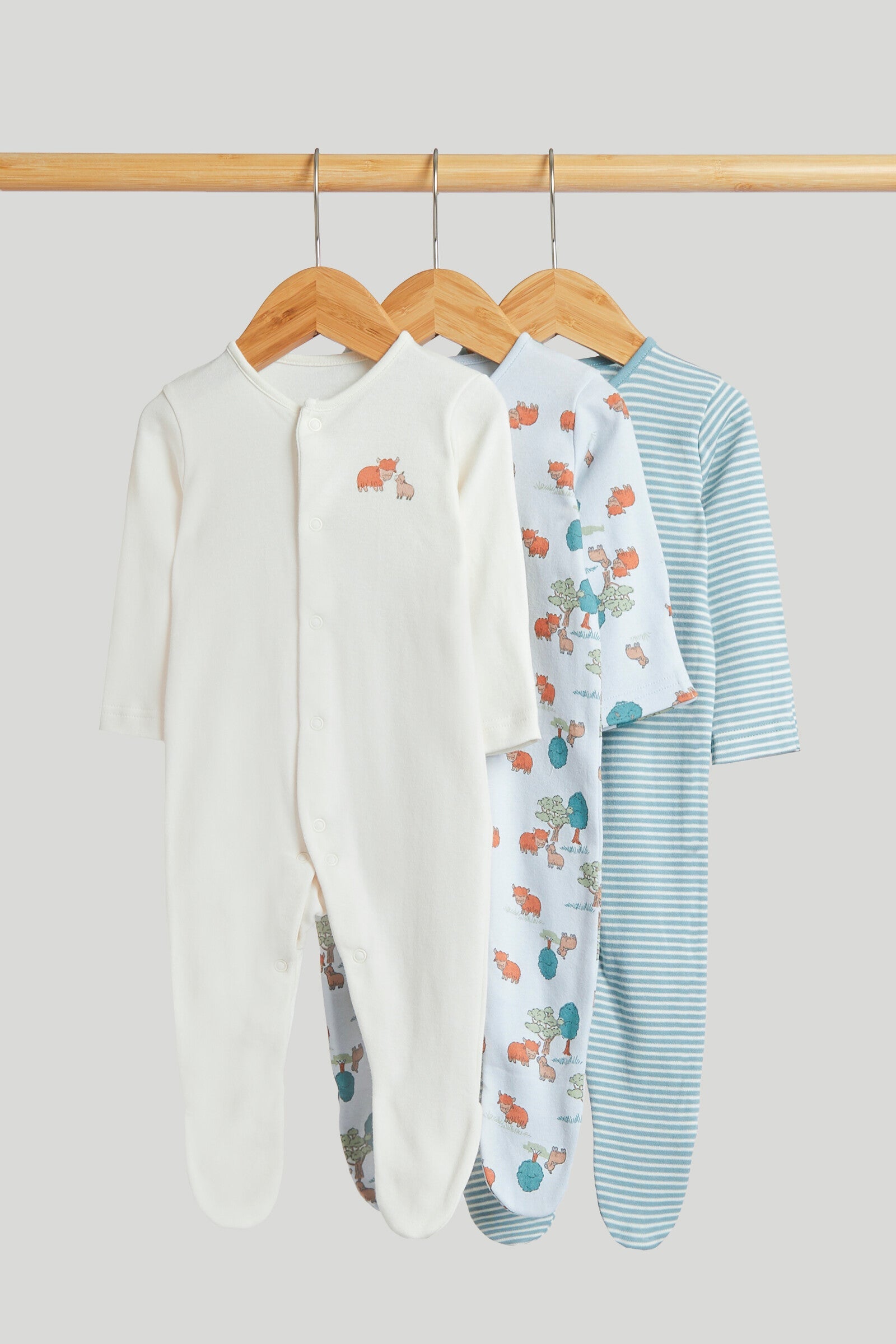 3 Pack Highland Cow Sleepsuits - Blue / Up to 1 Month
