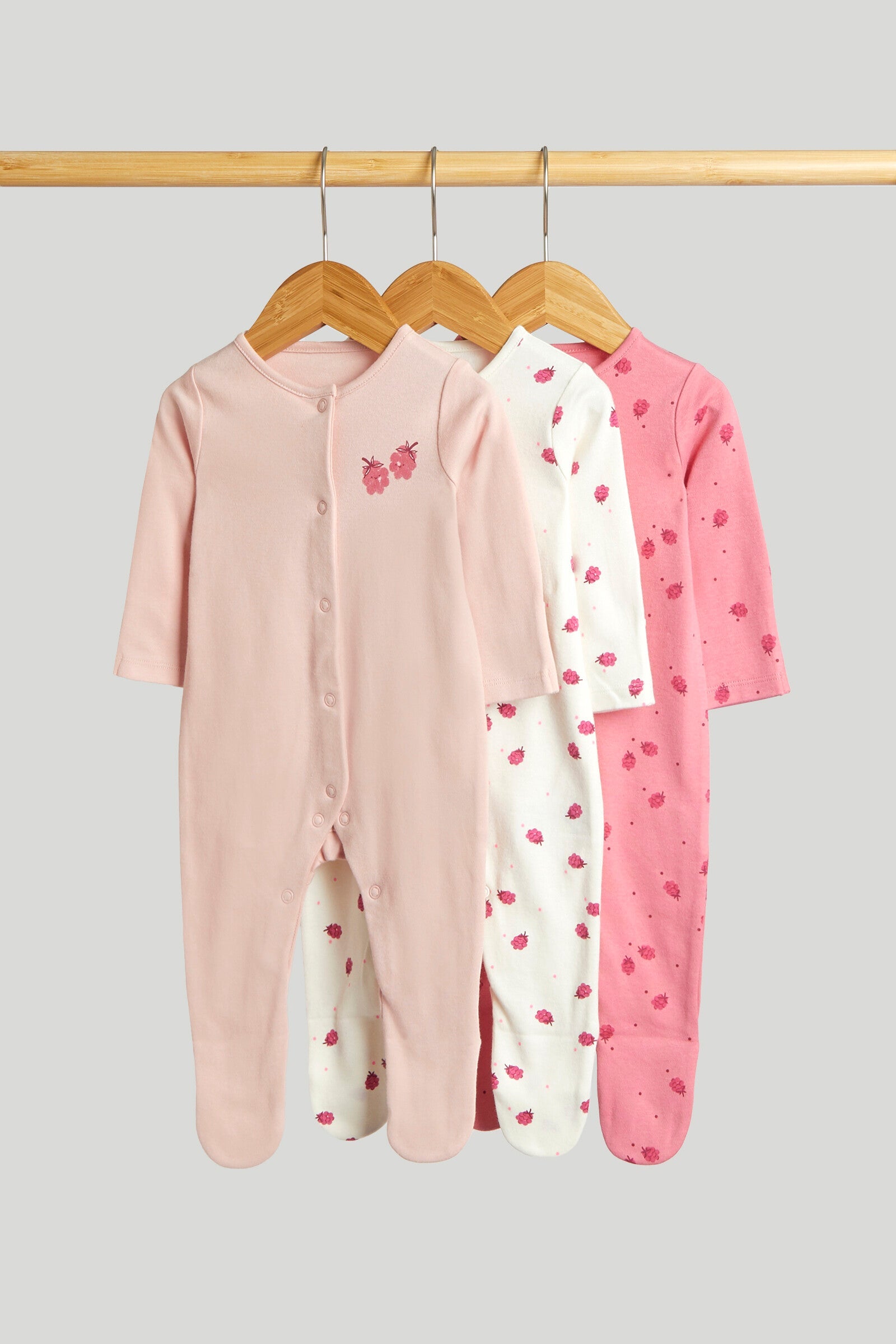 3 Pack Raspberry Sleepsuits - Pink / Up to 1 Month