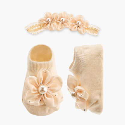 Juniors Booties with Headband, Pearl Embellished - Beige / Free Size