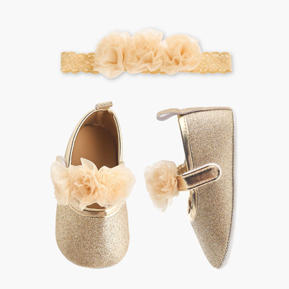 Juniors Shoes with Headband, Floral Embellished - Gold / 12-18 mths