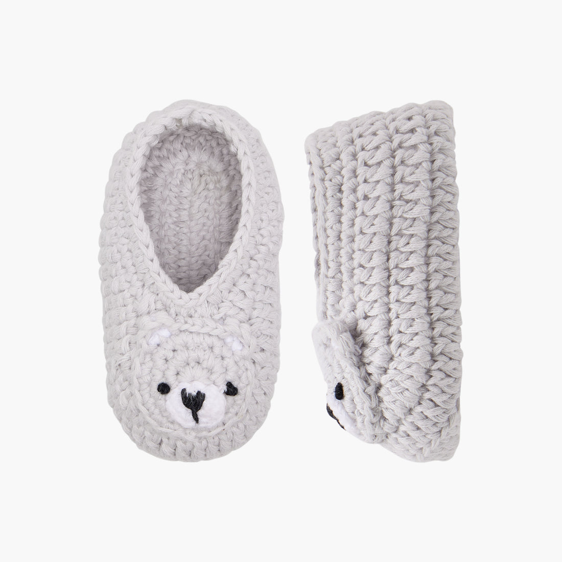 Juniors Crochet Textured Slip-On Booties with Bear Face Detail - Grey / 0-6 mths