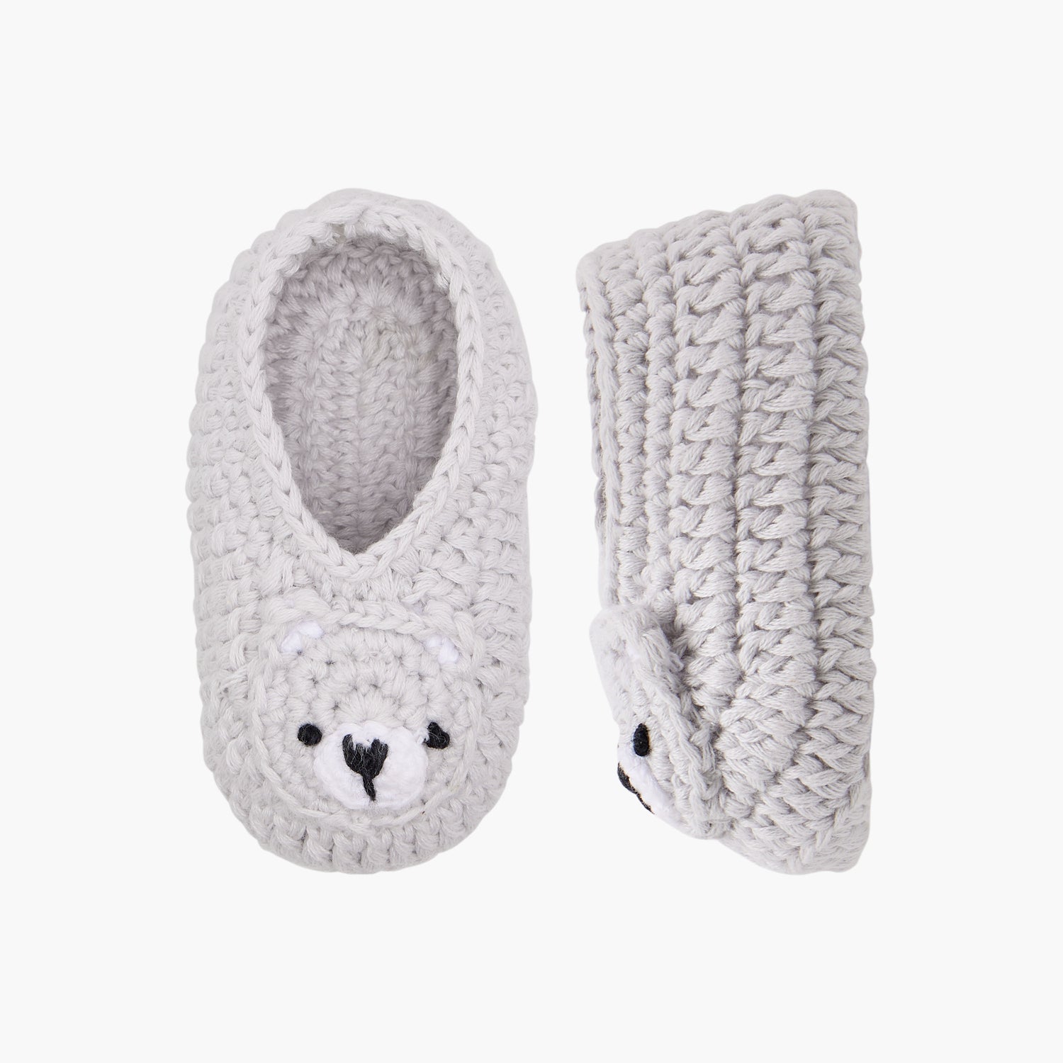 Juniors Crochet Textured Slip-On Booties with Bear Face Detail - Grey / 0-6 mths