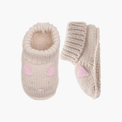 Juniors Knitted Cat Face Slip-On Booties - Beige / 0-6 mths