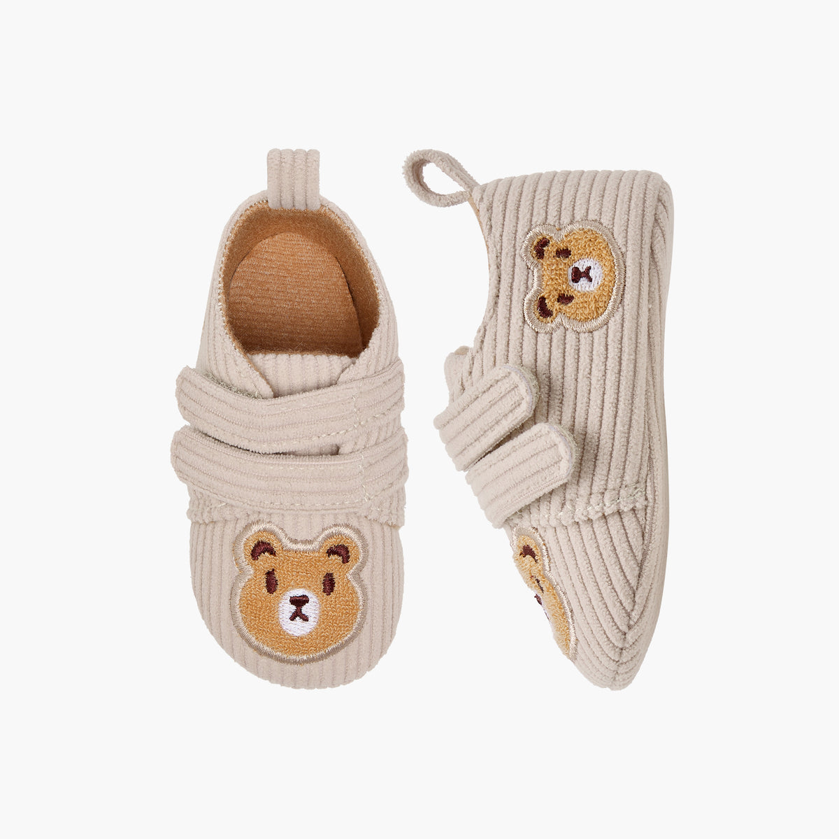 Juniors Bear Applique Corduroy Booties with Hook and Loop Closure - Beige / 0-6 mths