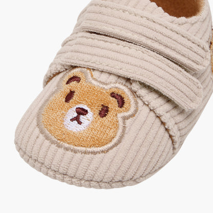 Juniors Bear Applique Corduroy Booties with Hook and Loop Closure