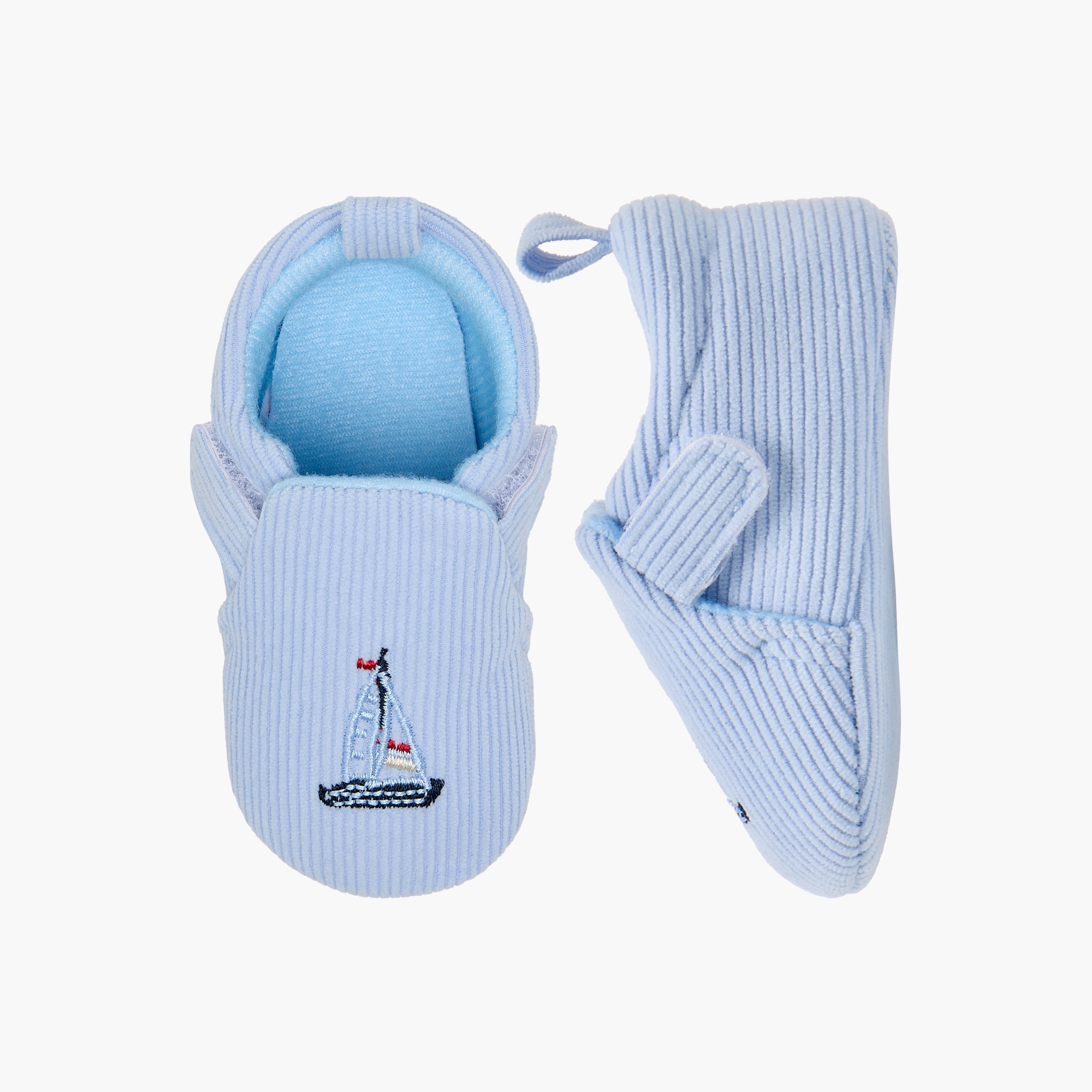Juniors Ship Embroidered Corduroy Booties with Hook and Loop Closure - Blue / 0-6 mths