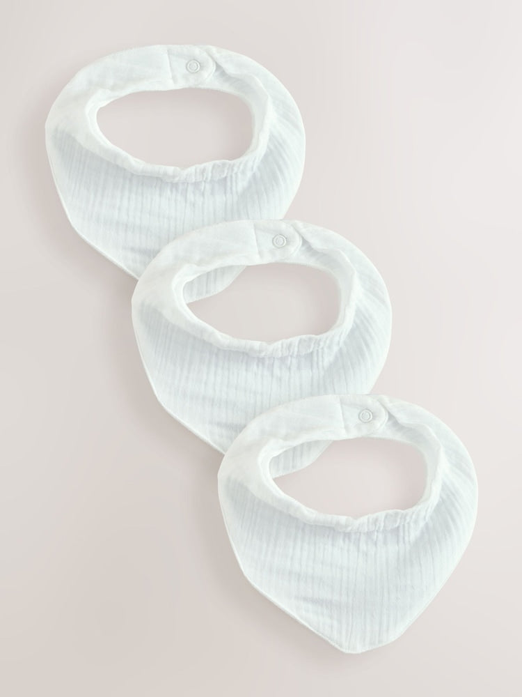 White Muslin Baby Dribble Bibs 3 Pack - White / Up to 1 Month (50-56cm)