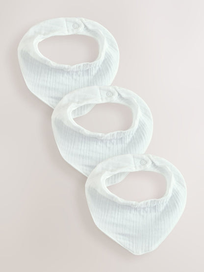 White Muslin Baby Dribble Bibs 3 Pack - White / Up to 1 Month (50-56cm)