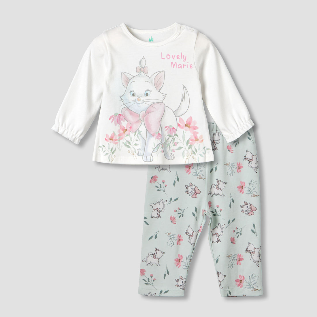 Disney Cotton Round Neck Long Sleeves Pyjama Set with Marie Print