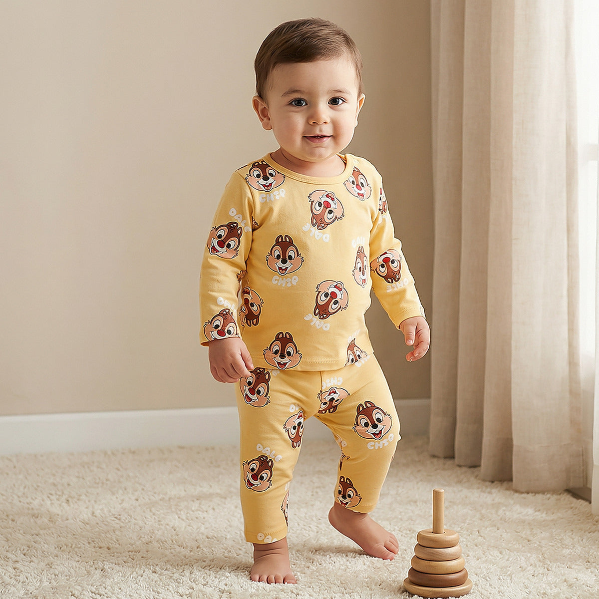 Disney Cotton Round Neck Long Sleeves Pyjama Set with Chip &