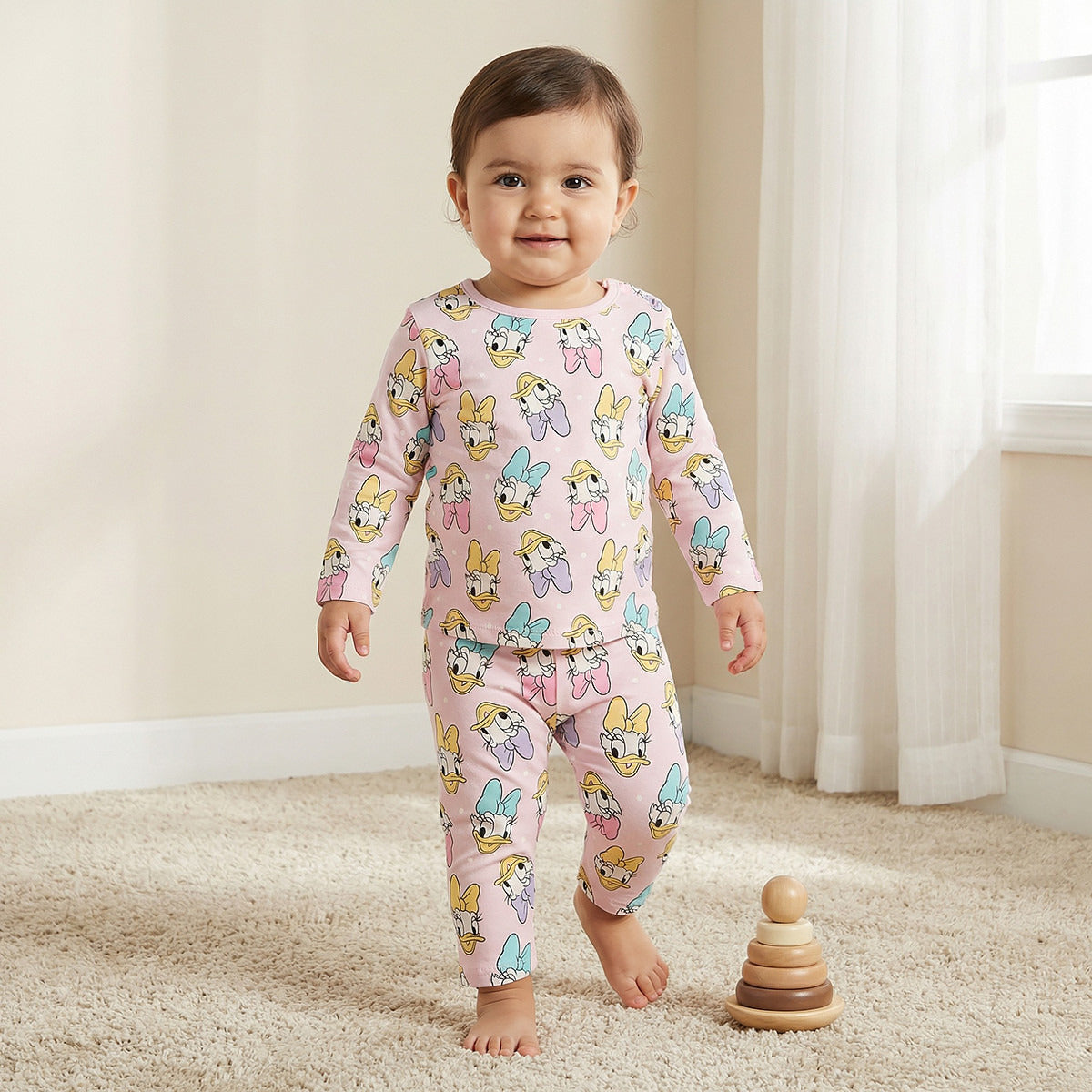 Disney Cotton Round Neck Long Sleeves Pyjama Set with Daisy Duck Print