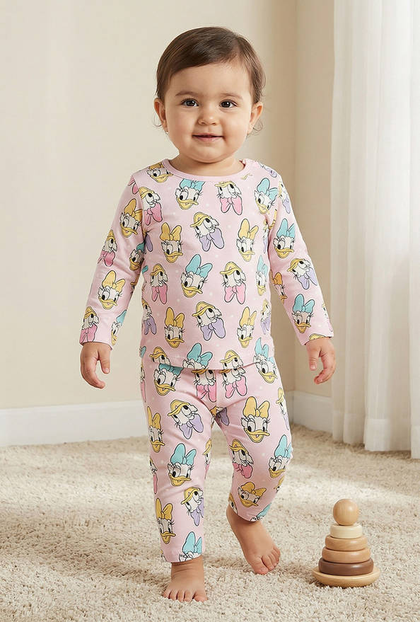 Disney Cotton Round Neck Long Sleeves Pyjama Set with Daisy Duck Print