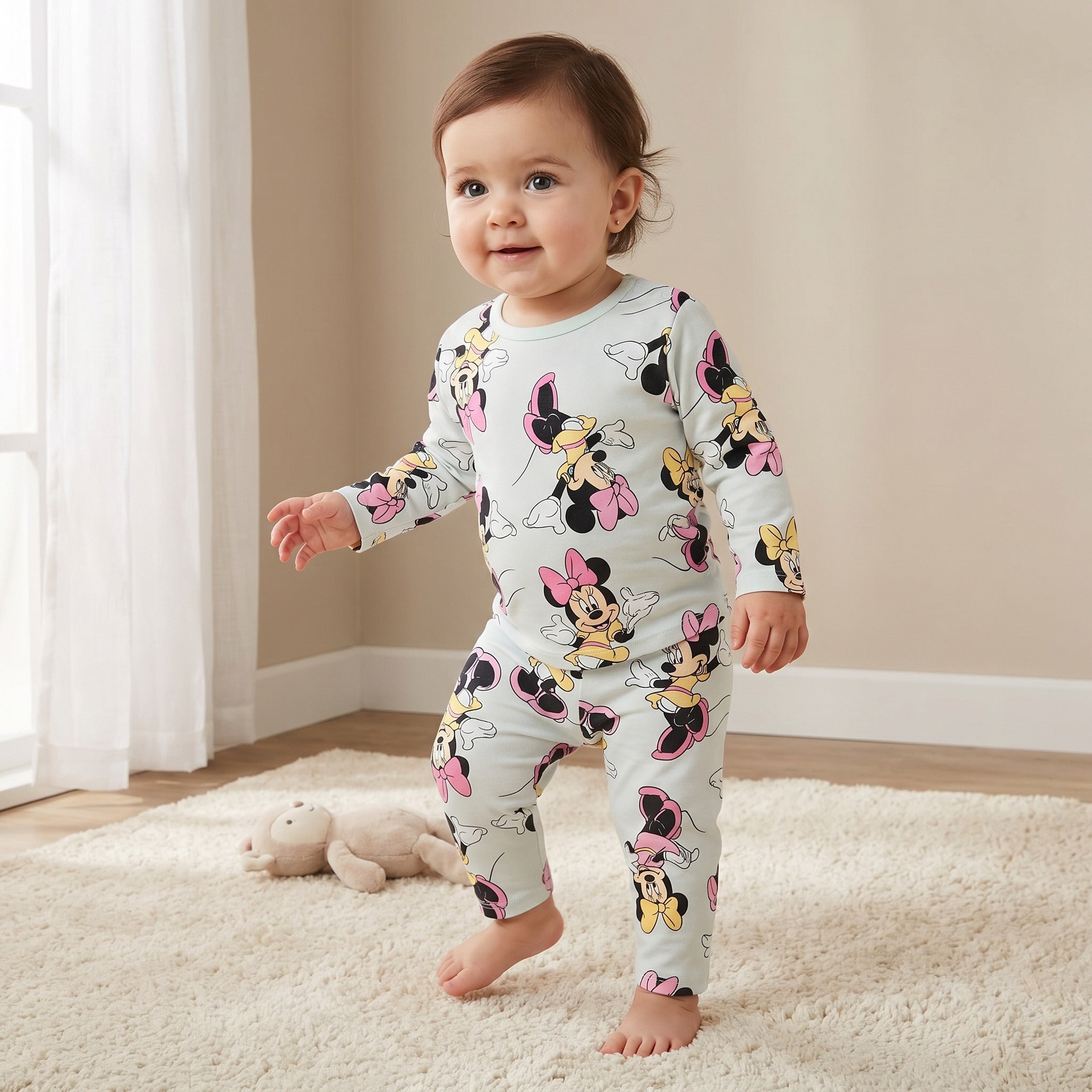 Disney Cotton Crew Neck Long Sleeves Pyjama Set with Minnie Mouse Print - Green / 18-24 mths