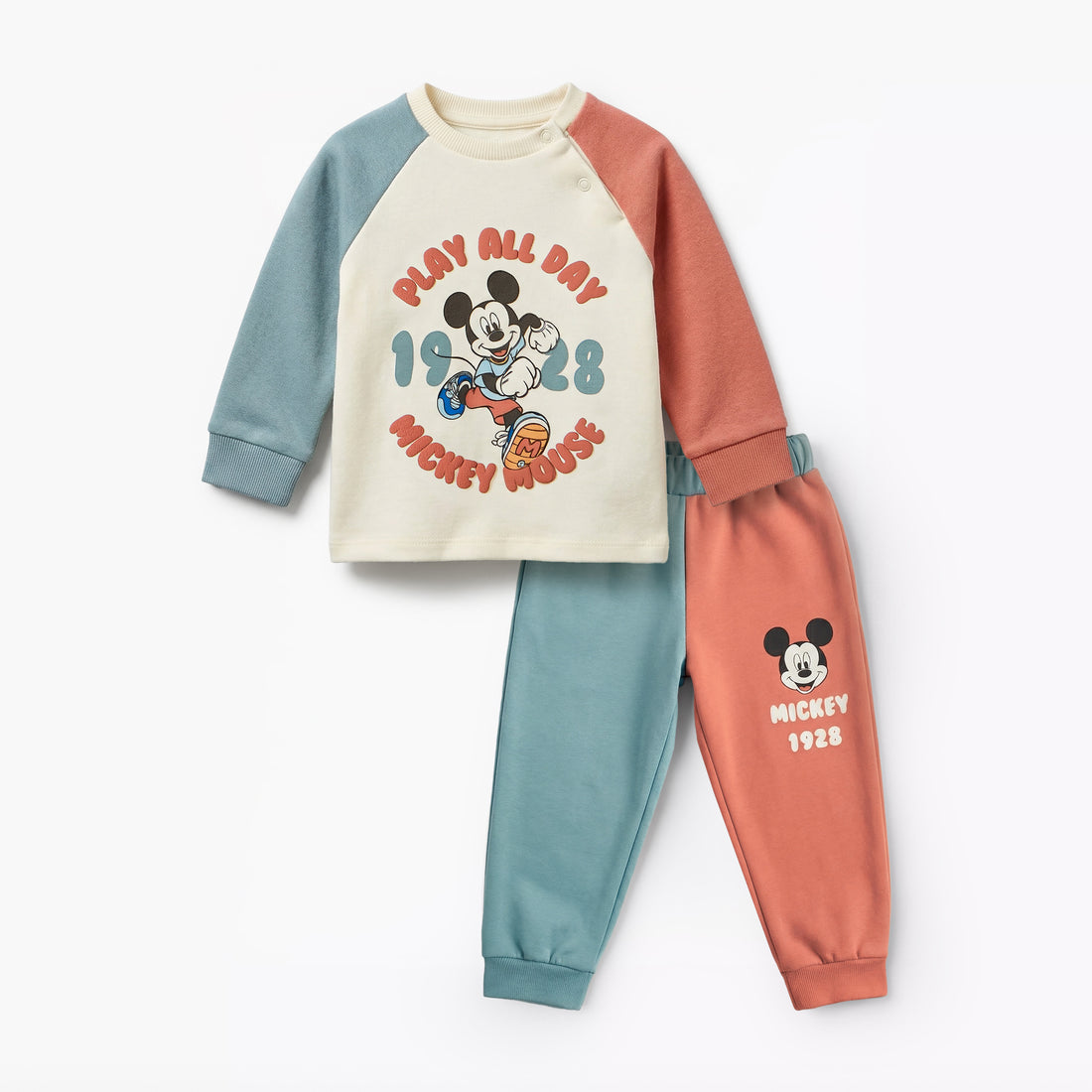 Disney Cotton Crew Neck Long Sleeves Pyjama Set with Mickey Mouse Print