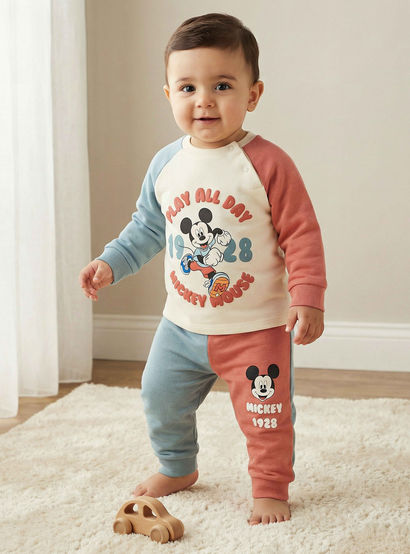 Disney Cotton Crew Neck Long Sleeves Pyjama Set with Mickey Mouse Print-baby-boys-clothing-nightwear-pyjamasets-image-1