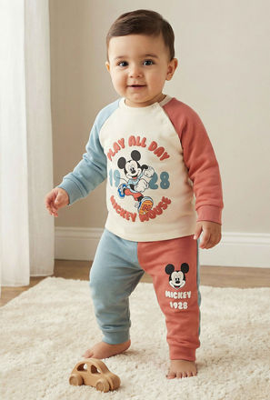 Disney Cotton Crew Neck Long Sleeves Pyjama Set with Mickey Mouse Print