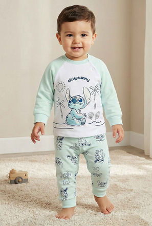 Disney Cotton Round Neck Long Sleeves Pyjama Set with Stitch Applique