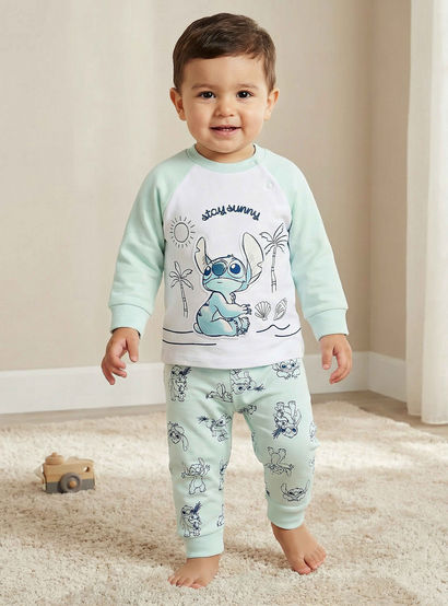 Disney Cotton Round Neck Long Sleeves Pyjama Set with Stitch Applique-baby-boys-clothing-nightwear-pyjamasets-image-1