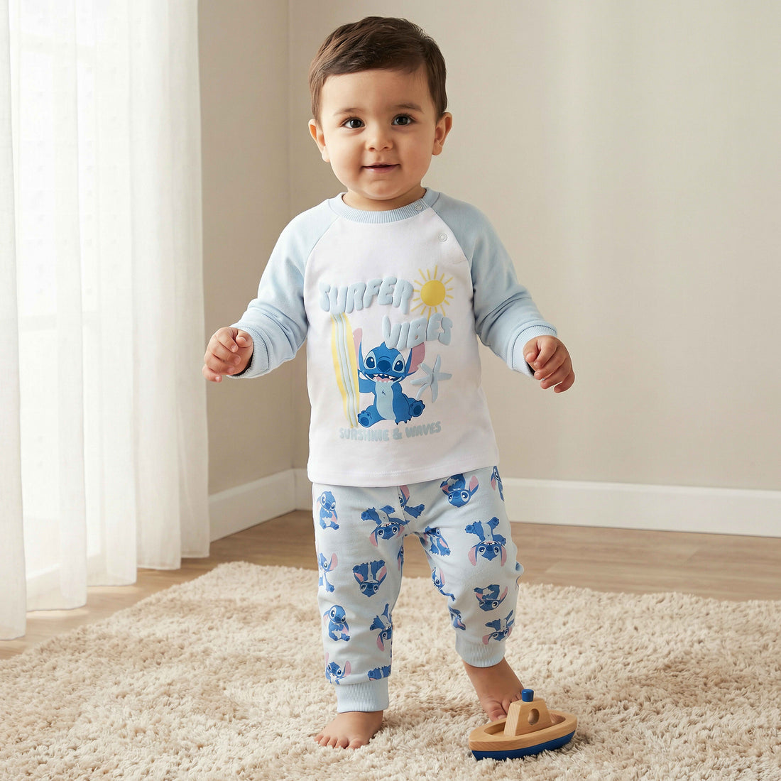Disney Cotton Round Neck Long Sleeves Pyjama Set with Stitch Print - Blue / 18-24 mths