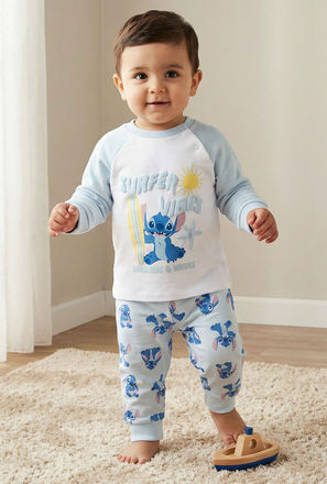 Disney Cotton Round Neck Long Sleeves Pyjama Set with Stitch Print